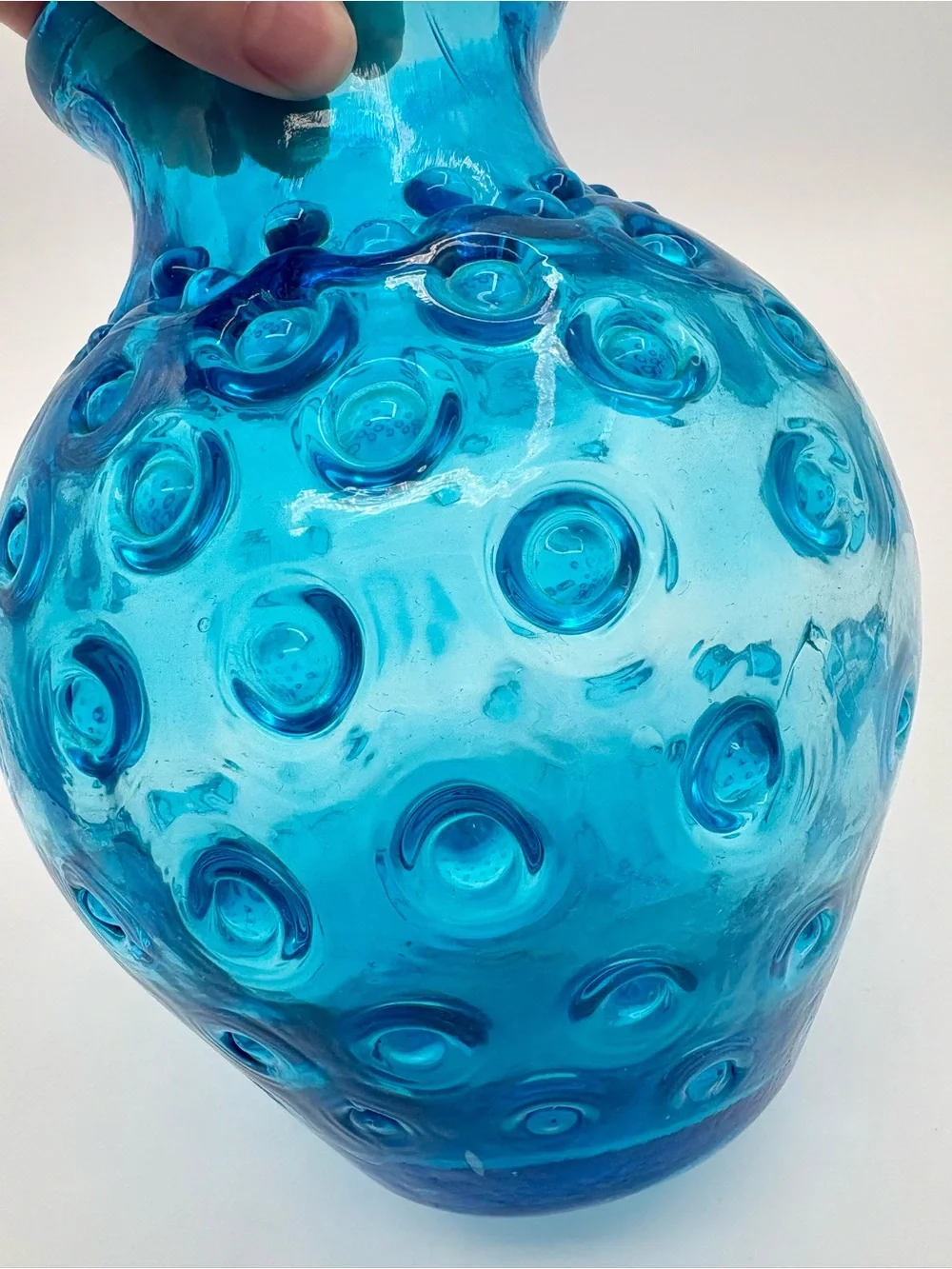 VINTAGE Mid Century Empoli Blue Hobnail Bulbous Glass Vase Italy Rounded Rare
